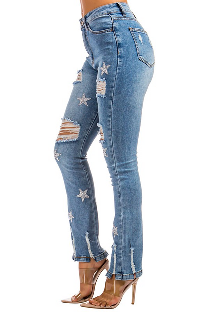 Ripped Rhinestone Star Jeans