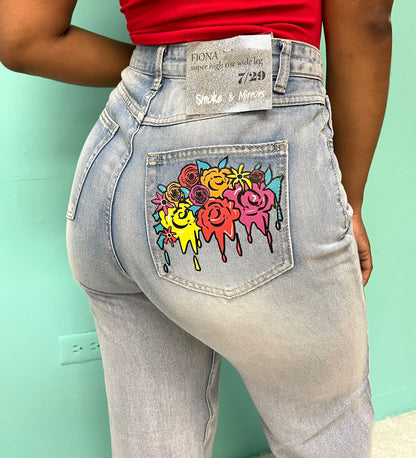 Painted Roses Wide Leg Jeans