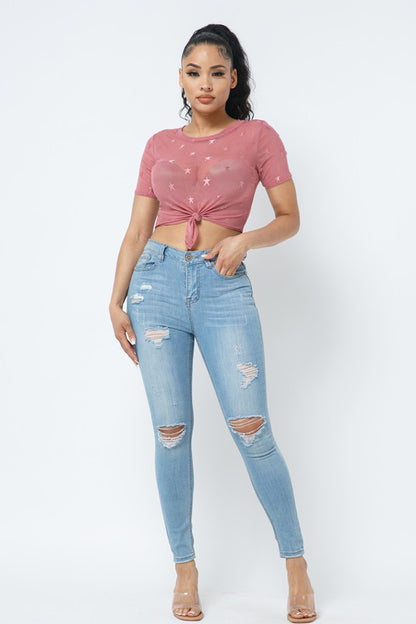 Mesh Front Tie Star Top